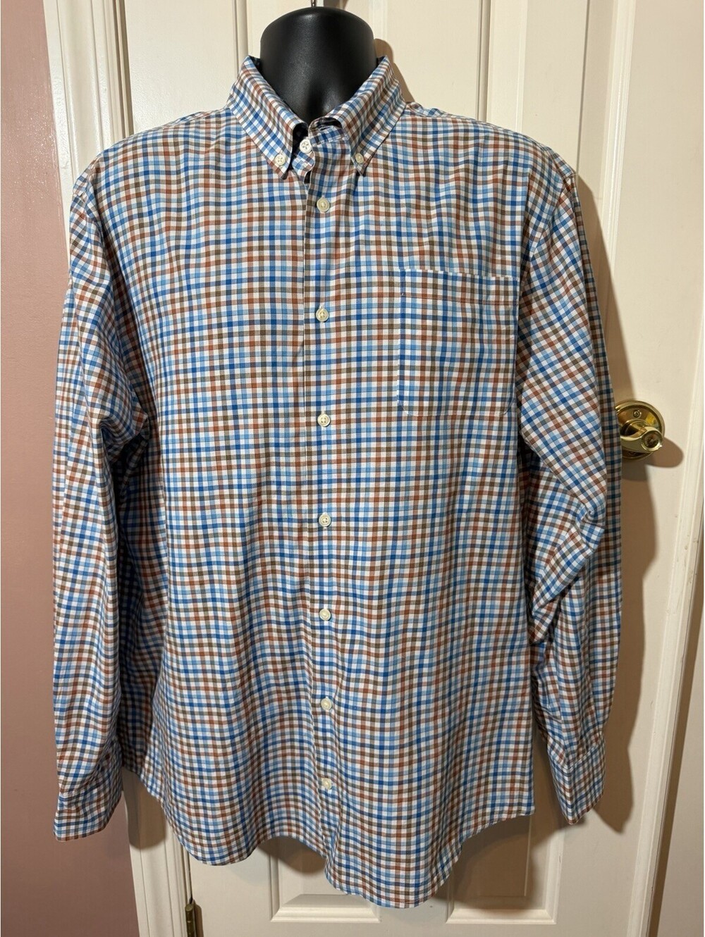 Johnnie-O Mens XL Blue Tan Plaid Button Down Shirt Long Sleeve Preppy